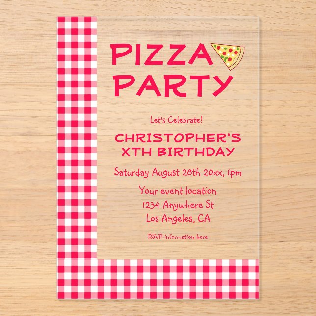 Invitaciones Acrílicas Fiesta de Cumpleaños Infantil de Pizza (Anverso)