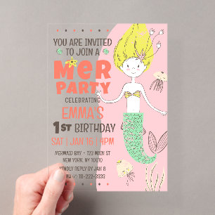 Invitaciones Acrílicas Fiesta de cumpleaños infantil de sirena moderna li