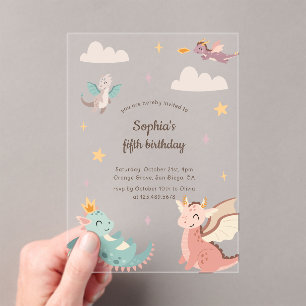 Invitaciones Acrílicas Fiesta de Cumpleaños Infantil Dragones Pastel Ador