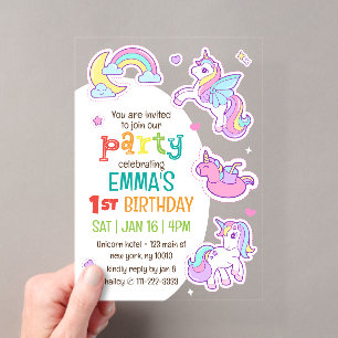 Invitaciones Acrílicas Fiesta de Cumpleaños Infantil Unicornios Arcoíris