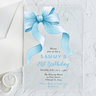 Invitaciones Acrílicas Fiesta de Cumpleaños Lazo Coqueto Azul Adorable