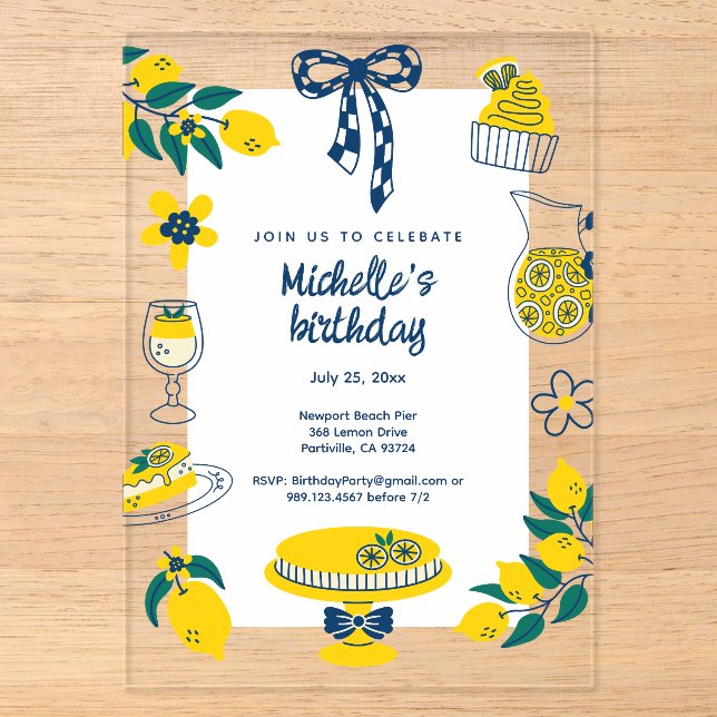 Invitaciones Acrílicas Fiesta de Cumpleaños Limón Amarillo Main Squeeze C (Anverso)