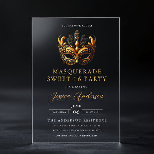 Invitaciones Acrílicas Fiesta de Cumpleaños Mascarada Sweet 16 Oro Negro