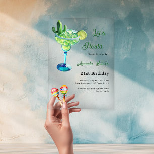 Invitaciones Acrílicas Fiesta de cumpleaños mexicana estilo verde claro h