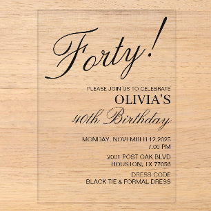 Invitaciones Acrílicas Fiesta de Cumpleaños Moderna y Elegante Texto Negr