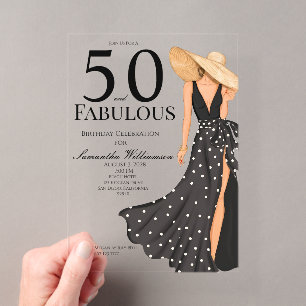 Invitaciones Acrílicas Fiesta de cumpleaños negra 50 y fabulosa