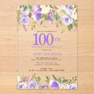 Invitaciones Acrílicas Fiesta de cumpleaños número 100 CLEAR ACRÍLICO Flo
