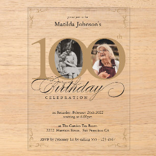 Invitaciones Acrílicas Fiesta de cumpleaños número 100 con foto personali