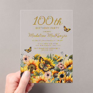 Invitaciones Acrílicas Fiesta de cumpleaños número 100 de girasoles marip