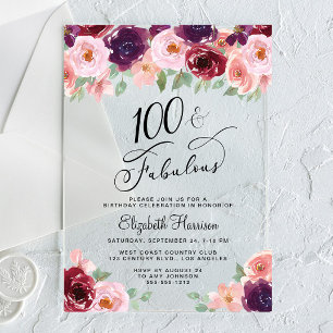 Invitaciones Acrílicas Fiesta de cumpleaños número 100 Elegante Acuarela