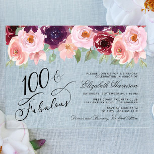 Invitaciones Acrílicas Fiesta de cumpleaños número 100 elegante con acuar