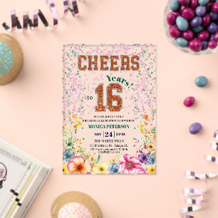 Invitaciones Acrílicas Fiesta de cumpleaños número 16 con flores brillant