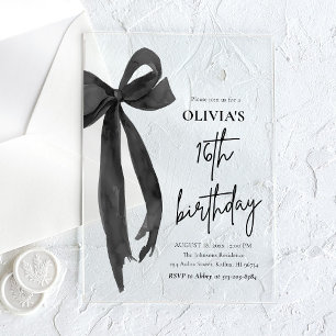 Invitaciones Acrílicas Fiesta de cumpleaños número 16 con lazo negro eleg
