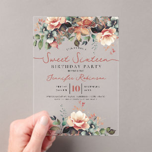 Invitaciones Acrílicas Fiesta de cumpleaños número 16 dulce y floral boho