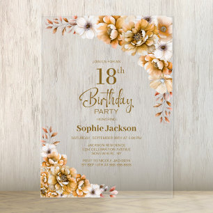 Invitaciones Acrílicas Fiesta de cumpleaños número 18 con flores naranjas