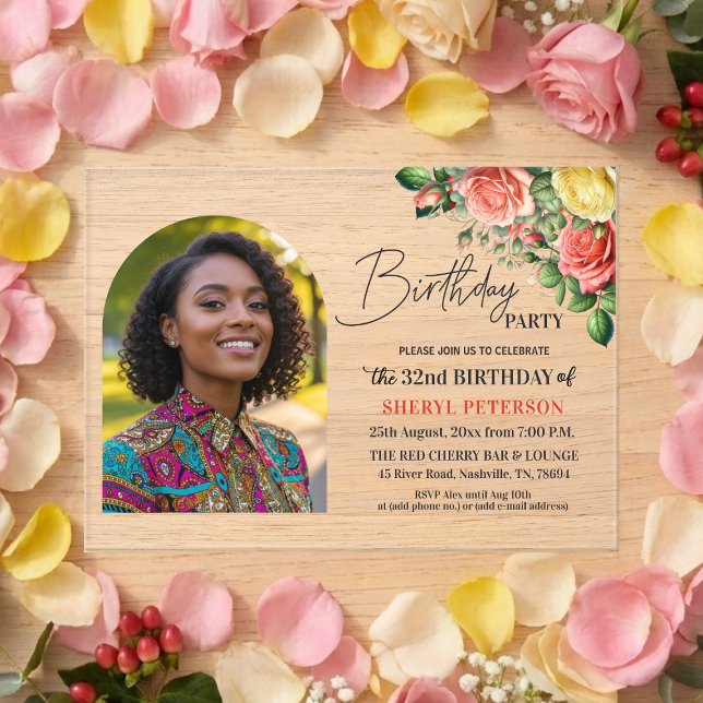 Invitaciones Acrílicas Fiesta de cumpleaños número 32 con flores elegante (Subido por el creador)