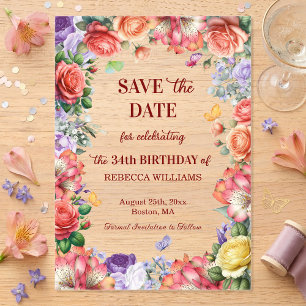 Invitaciones Acrílicas Fiesta de cumpleaños número 34 Colorida Floral Gua