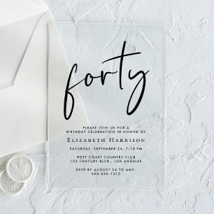 Invitaciones Acrílicas Fiesta de cumpleaños número 40 Chic Script