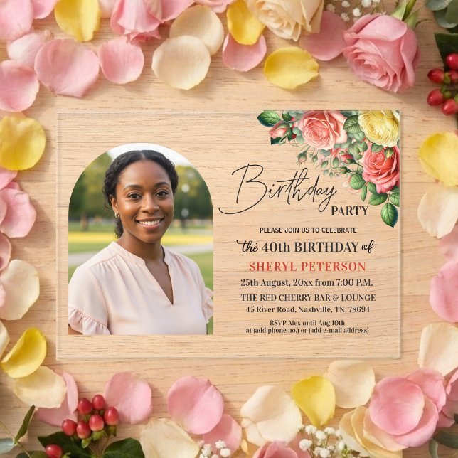 Invitaciones Acrílicas Fiesta de cumpleaños número 40 con flores elegante (Subido por el creador)