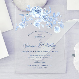 Invitaciones Acrílicas Fiesta de cumpleaños número 40 Dusty Blue Floral