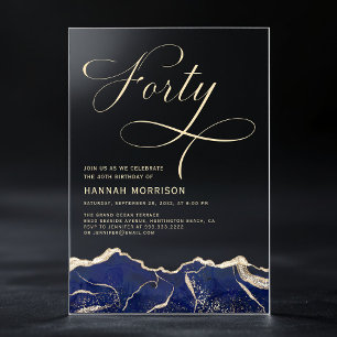Invitaciones Acrílicas Fiesta de cumpleaños número 40 Navy Blue Gold Agat