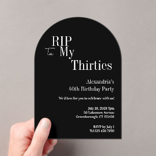 Invitaciones Acrílicas Fiesta de cumpleaños número 40 negra y blanca RIP