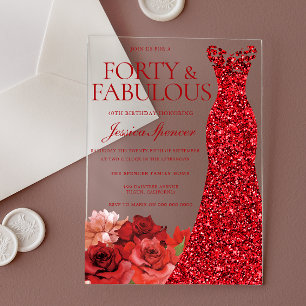 Invitaciones Acrílicas Fiesta de cumpleaños número 40 Rojo Floral Forty &