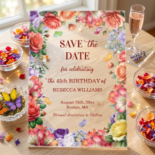 Invitaciones Acrílicas Fiesta de cumpleaños número 45 floral colorida - g