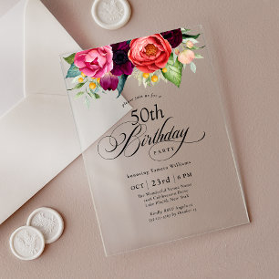 Invitaciones Acrílicas Fiesta de cumpleaños número 50 Boho Rústico Floral