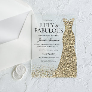 Invitaciones Acrílicas Fiesta de cumpleaños número 50 de mujer con vestid