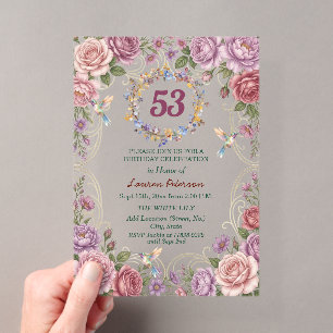 Invitaciones Acrílicas Fiesta de cumpleaños número 53 de Royal Gold Flora
