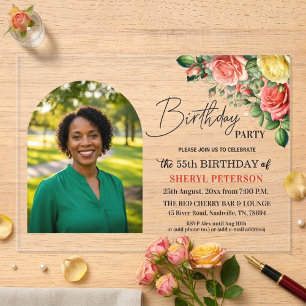 Invitaciones Acrílicas Fiesta de cumpleaños número 55 con flores elegante