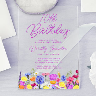 Invitaciones Acrílicas Fiesta de cumpleaños número 70 flores silvestres p