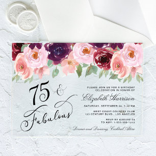 Invitaciones Acrílicas Fiesta de cumpleaños número 75 elegante floral bur