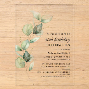 Invitaciones Acrílicas Fiesta de cumpleaños número 80 de elegante eucalip