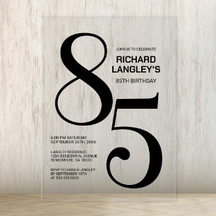 Invitaciones Acrílicas Fiesta de cumpleaños número 85 con texto negro mod