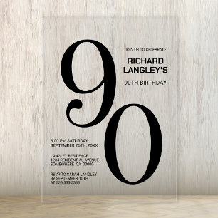 Invitaciones Acrílicas Fiesta de cumpleaños número 90 con texto negro mod