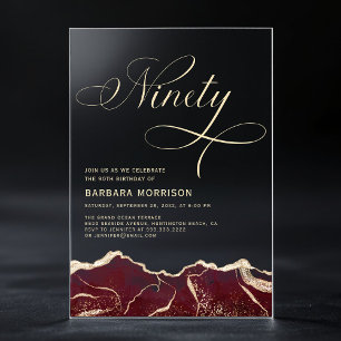 Invitaciones Acrílicas Fiesta de cumpleaños número 90 de Ágata Dorada Bor