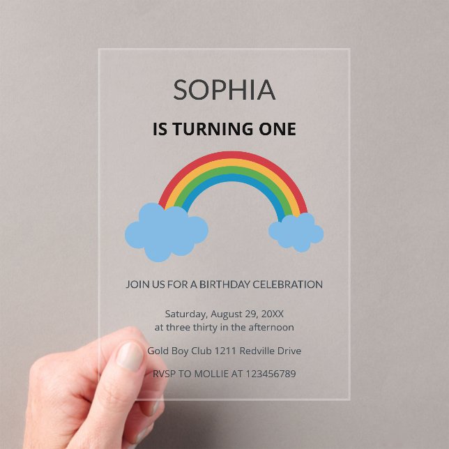 Invitaciones Acrílicas Fiesta de Cumpleaños Número Uno de Niños Arcoíris (Insitu (portátil))