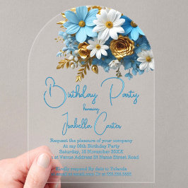 Invitaciones Acrílicas Fiesta de Cumpleaños Polvo Azul Oro Blanco Floral