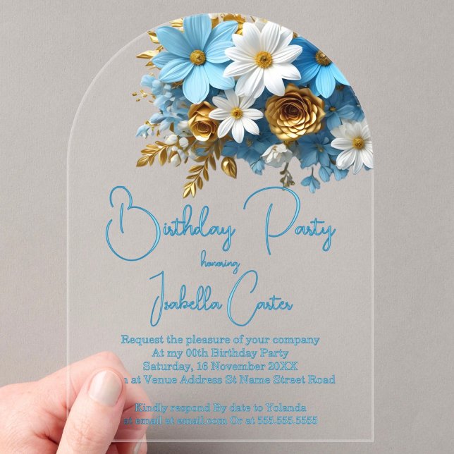 Invitaciones Acrílicas Fiesta de Cumpleaños Polvo Azul Oro Floral Blanca (Subido por el creador)