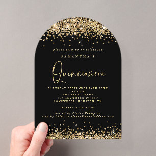 Invitaciones Acrílicas Fiesta de cumpleaños Quinceañera negra con brillo