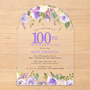 Invitaciones Acrílicas FIESTA DE CUMPLEAÑOS SORPRESA 100 cumpleaños Flora