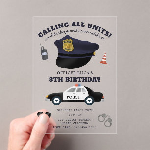 Invitaciones Acrílicas Fiesta de cumpleaños temática de policía policía