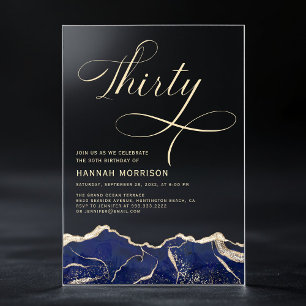 Invitaciones Acrílicas Fiesta de Cumpleaños Treinta Navy Blue Gold Agate