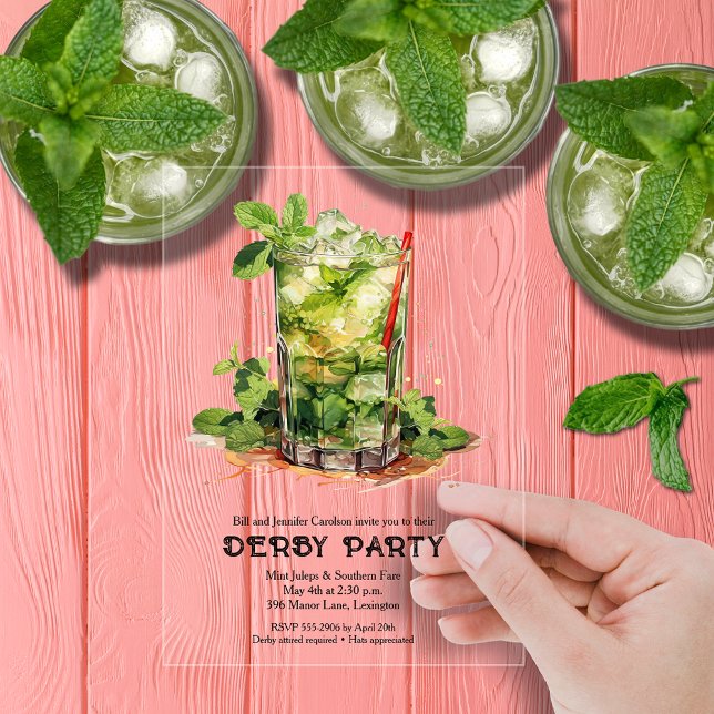 Invitaciones Acrílicas Fiesta de Derby con Mint Julep (Mint Julep Derby Clear Acrylic Party Invitations)