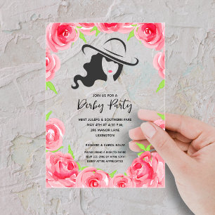 Invitaciones Acrílicas Fiesta de Derby con Sombrero y Rosas