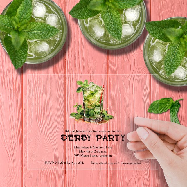 Invitaciones Acrílicas Fiesta de Derby de Mint Julep (Mint Julep Derby Clear Acrylic Party Invitations)
