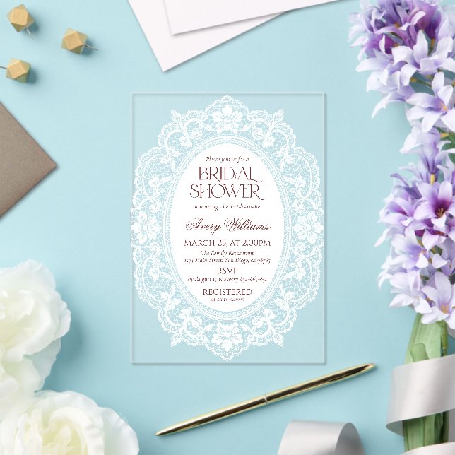 Invitaciones Acrílicas Fiesta de Despedida de Soltera con Marco de Encaje (Insitu (Boda))