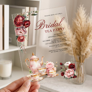 Invitaciones Acrílicas Fiesta de Despedida de Soltera con Té Floral Rosa 